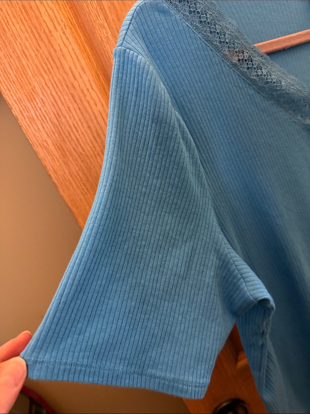 Talbots Teal Blue Ribbed V-Neck Top with Lace Trim - Picture 6 of 9